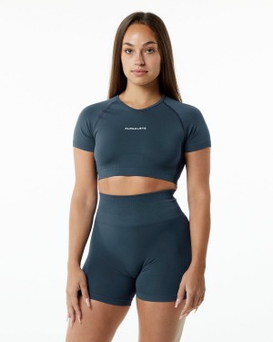 Camisas Alphalete Amplify V-Neck Crop Top Mujer Azules | FSEOZH-289