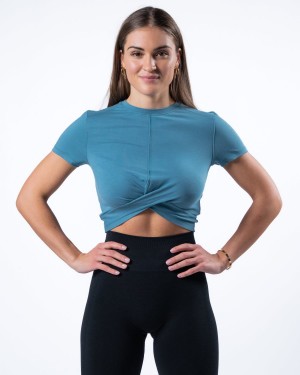 Camisas Alphalete Evo Twist Crop Mujer Azules | SGDFIW-123