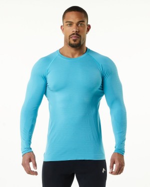 Camisas Alphalete Hero Long Sleeve Tee Hombre Faded Ocean | EVUADT-896