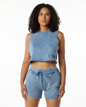 Camiseta sin Manga Alphalete Very Terry Crop Cutoff Mujer Azules | RNMBQY-095