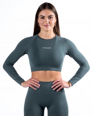 Manga Larga Alphalete Amplify LS Crop Mujer Charcoal | FEMUHG-307