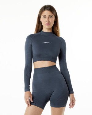 Manga Larga Alphalete Ozone High Neck LS Crop Mujer Carbon | WOMIEY-906