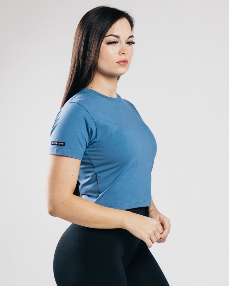 Camisas Alphalete Essential Corta Sleeve Crop Mujer Azules | UWGRDI-169