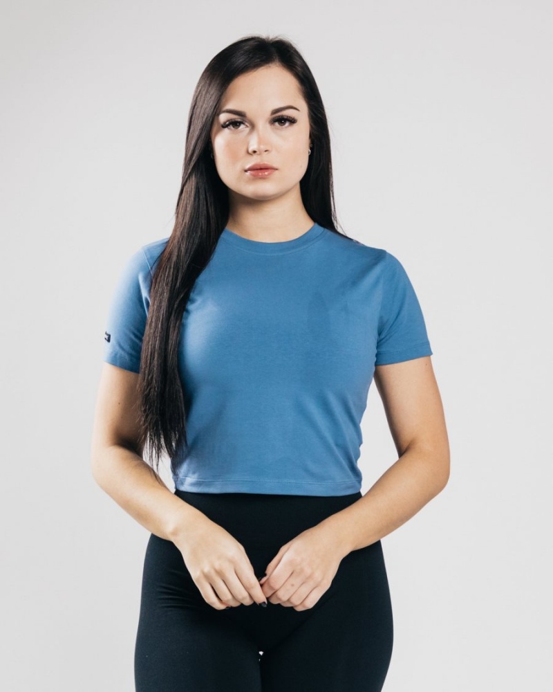 Camisas Alphalete Essential Corta Sleeve Crop Mujer Azules | UWGRDI-169