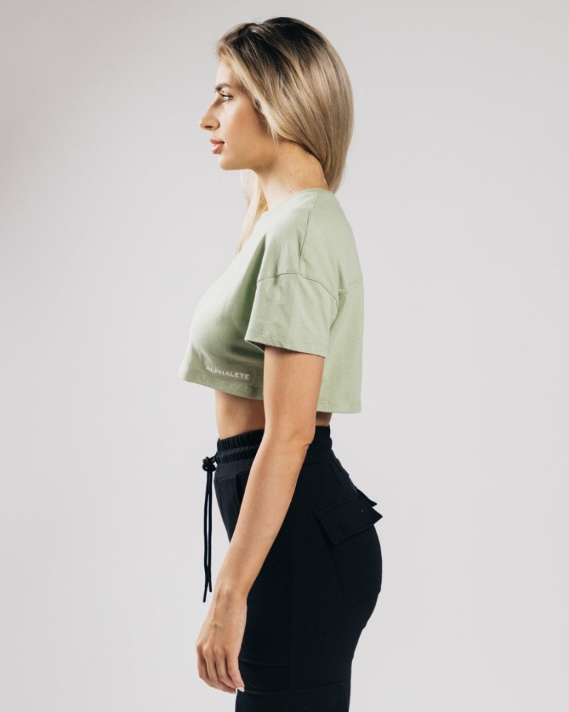 Camisas Alphalete Heavy Algodon Dropped Shoulder Crop Mujer Matcha | JKZYRI-072