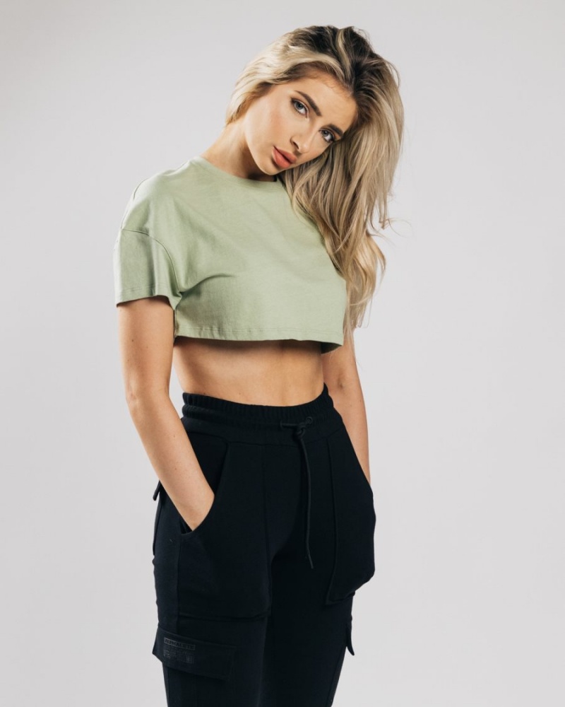 Camisas Alphalete Heavy Algodon Dropped Shoulder Crop Mujer Matcha | JKZYRI-072