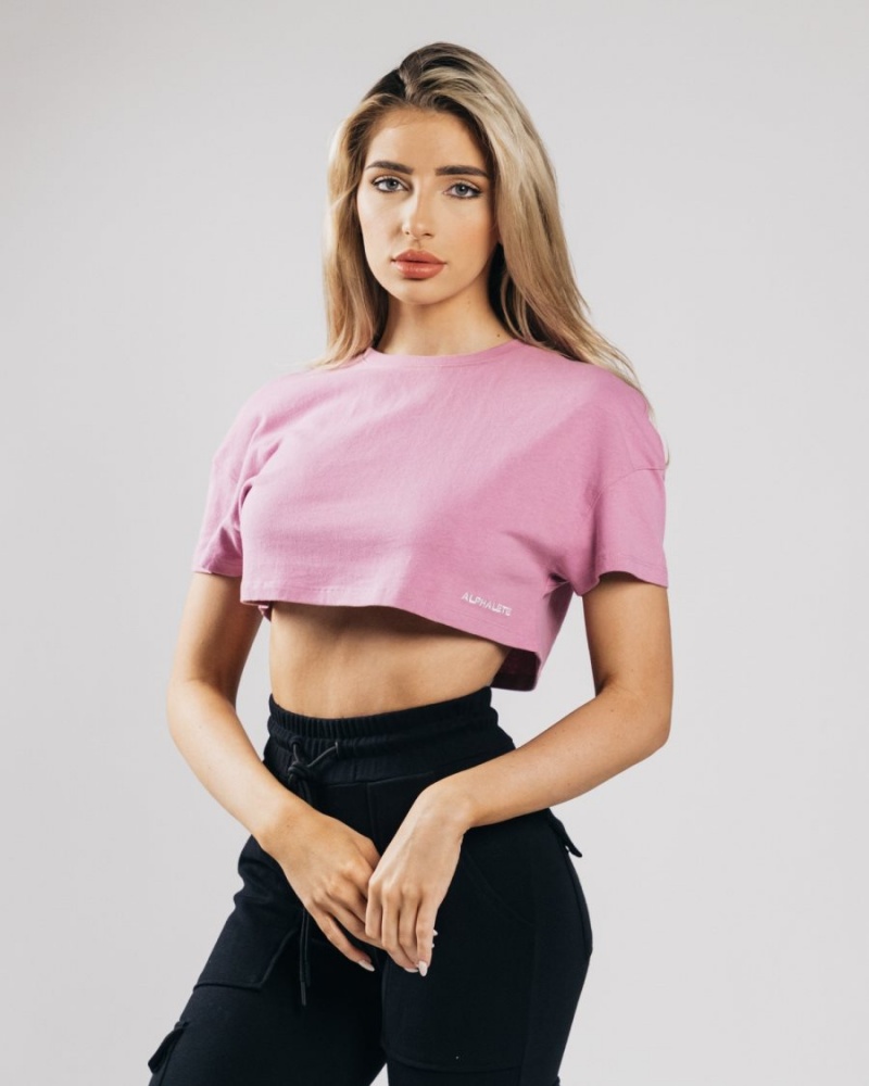 Camisas Alphalete Heavy Algodon Dropped Shoulder Crop Mujer Rosas | VMUYAE-168