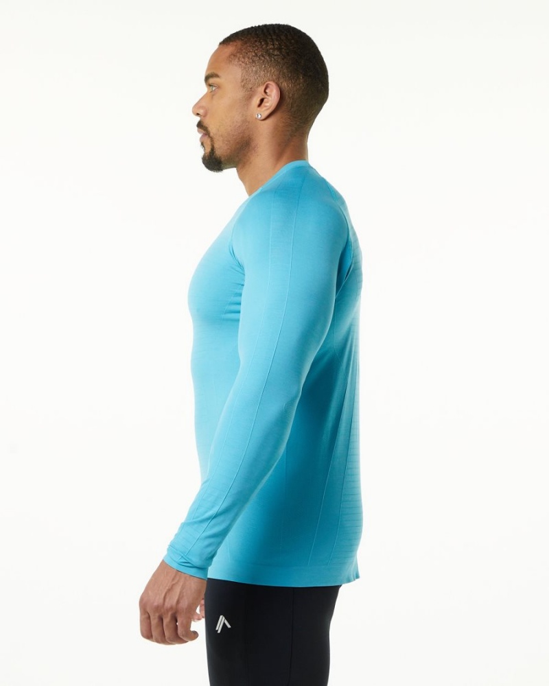 Camisas Alphalete Hero Long Sleeve Tee Hombre Faded Ocean | EVUADT-896