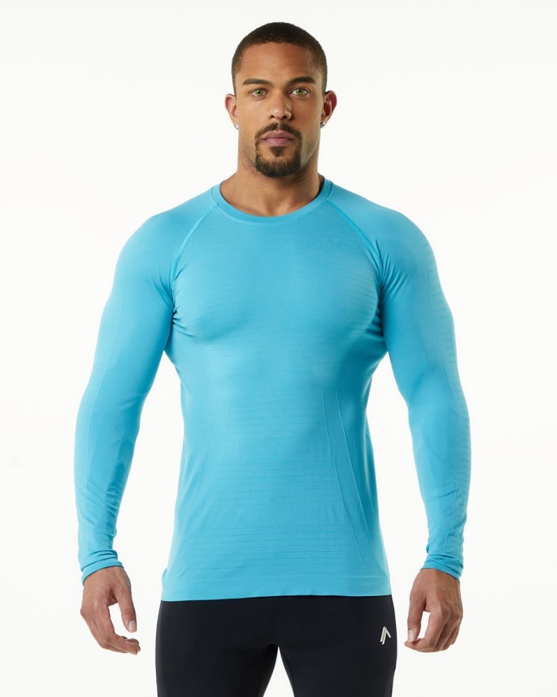 Camisas Alphalete Hero Long Sleeve Tee Hombre Faded Ocean | EVUADT-896