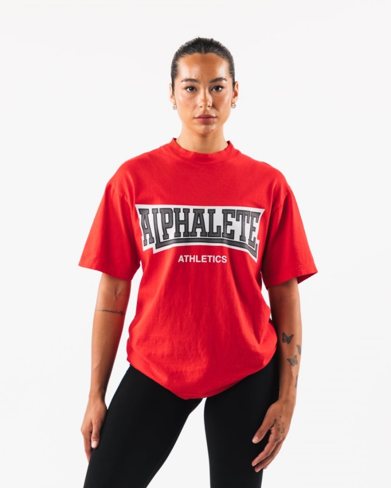 Camisas Alphalete Varsity Tee Hombre Rojas | EFLGOY-315