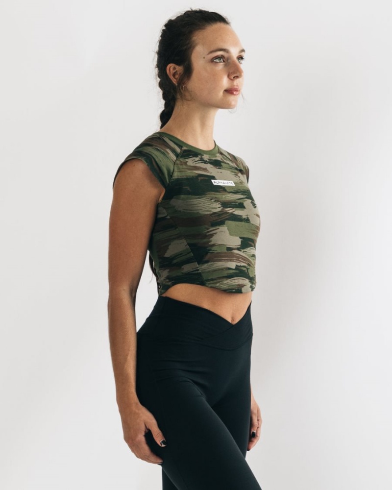 Camisas Alphalete Velocity Crop Tee Mujer Verde Oliva Camuflaje | SQIZLU-813