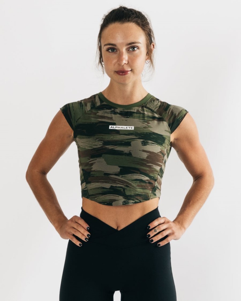 Camisas Alphalete Velocity Crop Tee Mujer Verde Oliva Camuflaje | SQIZLU-813