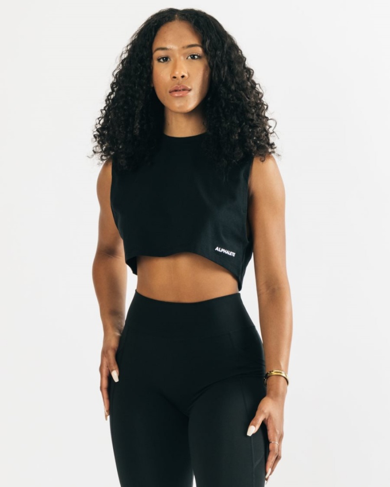 Camiseta sin Manga Alphalete Heavy Algodon Cropped Cutoff Mujer Negras | XLHUFP-641