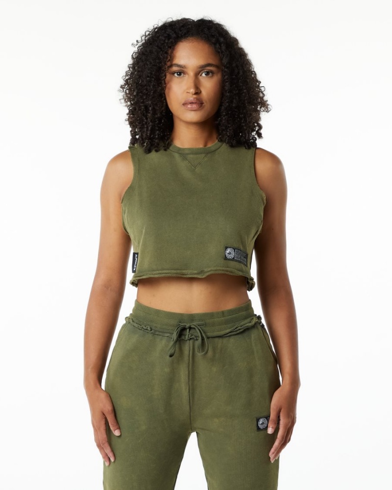 Camiseta sin Manga Alphalete Very Terry Crop Cutoff Mujer Verde | KJCGFU-062