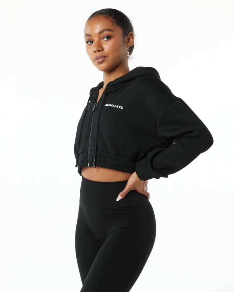 Chaquetas Alphalete Classic Capital Full-Zip Crop Jacket Mujer Negras | XQVYKO-593