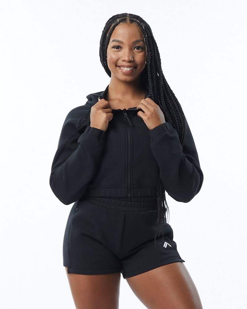 Chaquetas Alphalete ELMTS Full-Zip Crop Jacket Mujer Negras | YDKXPW-178