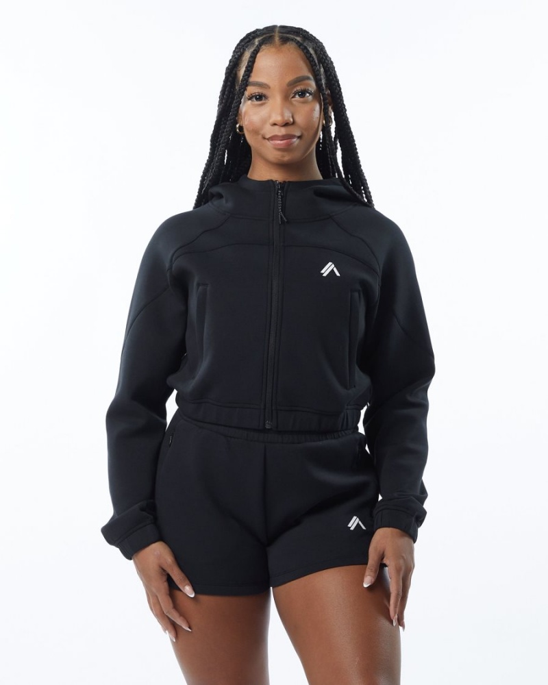 Chaquetas Alphalete ELMTS Full-Zip Crop Jacket Mujer Negras | YDKXPW-178