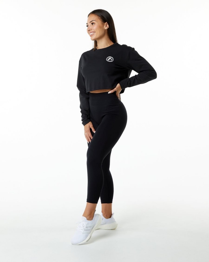 Manga Larga Alphalete Dynasty LS Crop Mujer Negras | PRVMXO-528