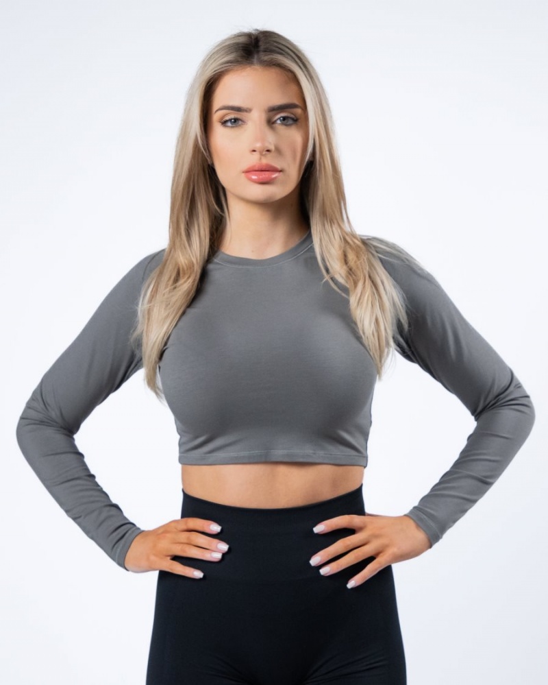 Manga Larga Alphalete Evo Long Sleeve Crop Mujer Gris | PCUJHK-849