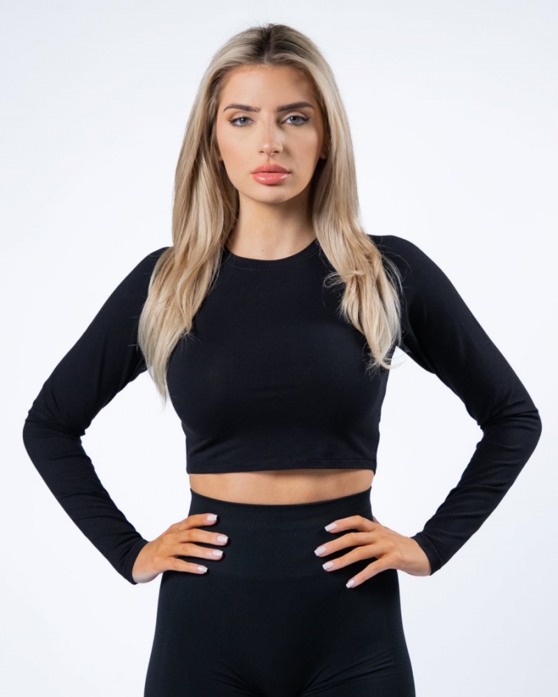 Manga Larga Alphalete Evo Long Sleeve Crop Mujer Negras | BYSQAI-640