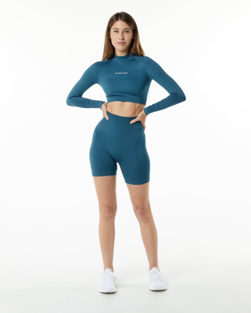 Manga Larga Alphalete Ozone High Neck LS Crop Mujer Azules | KVCUHJ-082