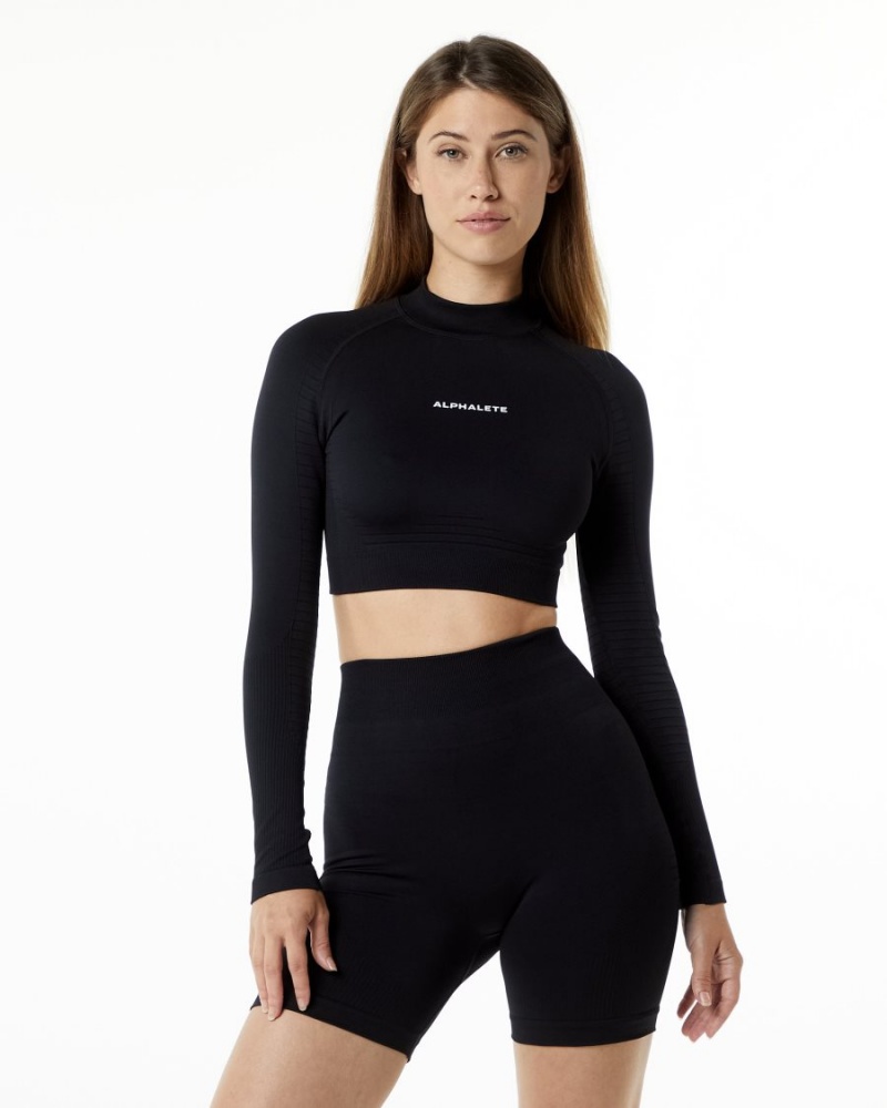 Manga Larga Alphalete Ozone High Neck LS Crop Mujer Negras | NSAIXR-601