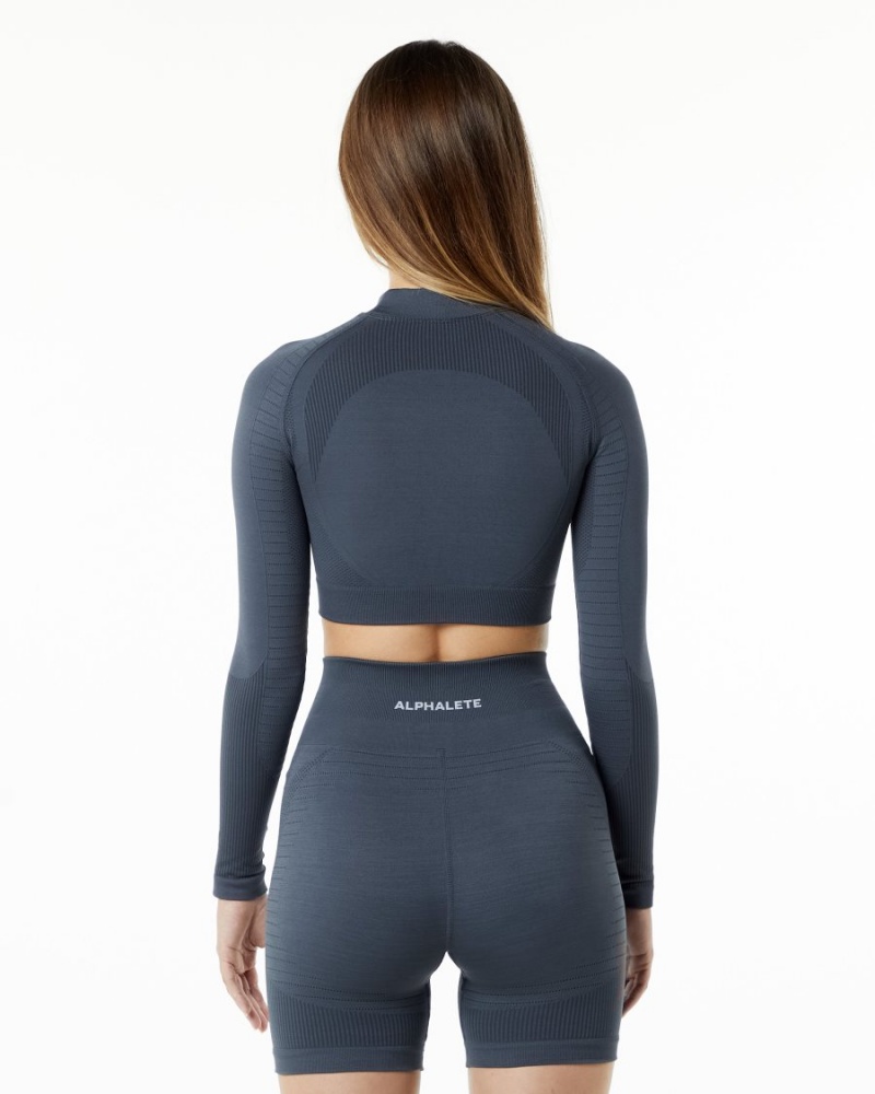 Manga Larga Alphalete Ozone High Neck LS Crop Mujer Carbon | WOMIEY-906