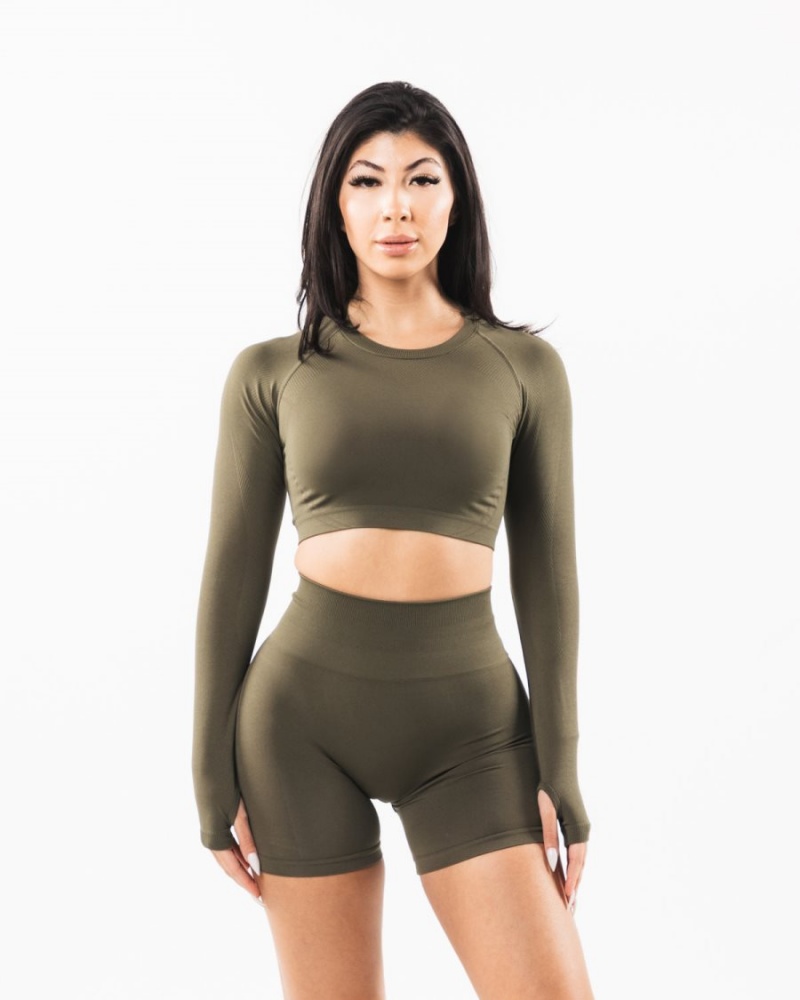 Manga Larga Alphalete Stratus LS Crop Mujer Oak | HFDPXO-819