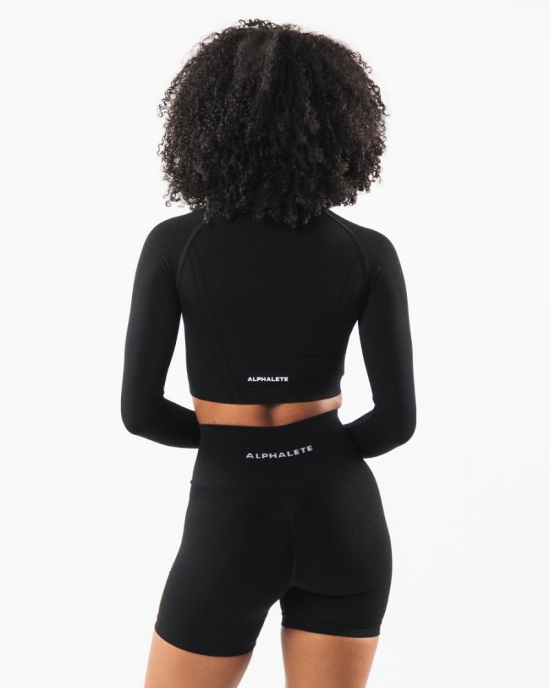 Manga Larga Alphalete Stratus LS Crop Mujer Negras | QPALCB-038