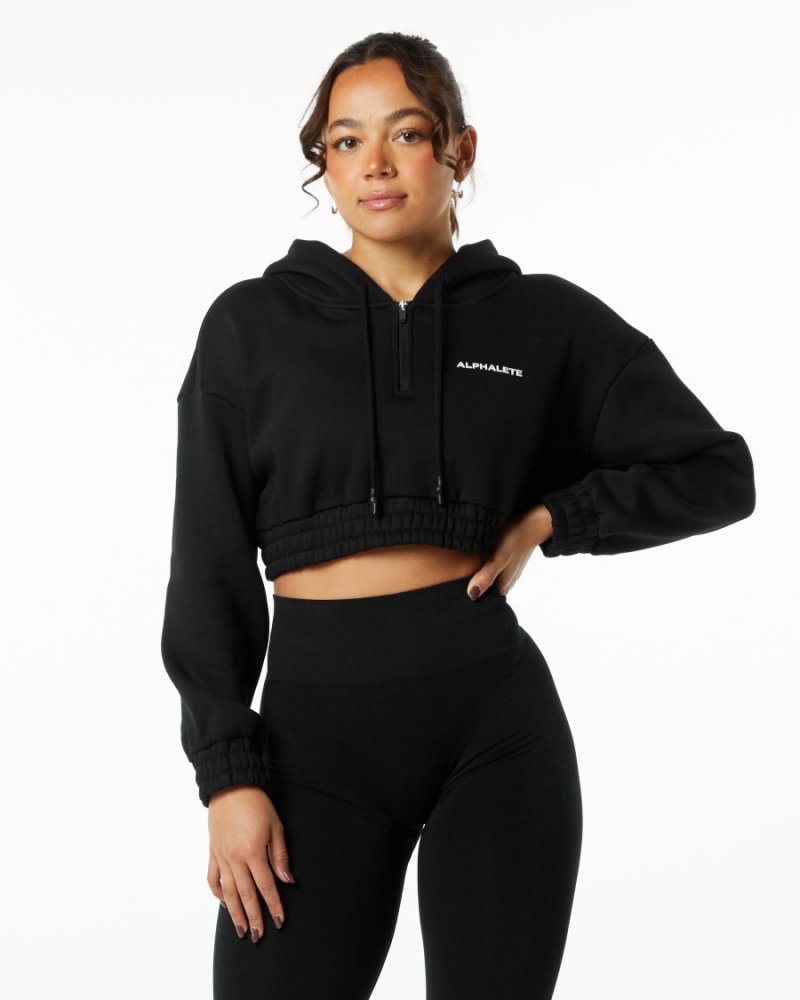 Sudadera con Capucha Alphalete Classic Capital Crop Hoodie Mujer Negras | UEGXBH-529