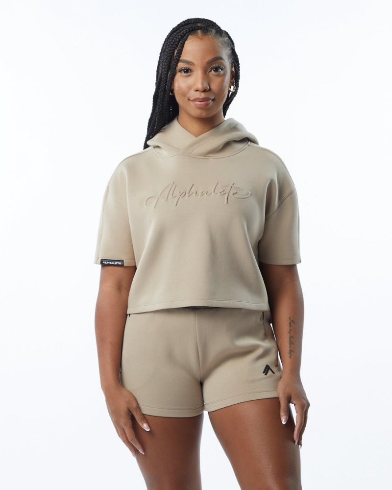 Sudadera con Capucha Alphalete ELMTS Half Sleeve Hoodie Mujer Tan | OSIUTP-398