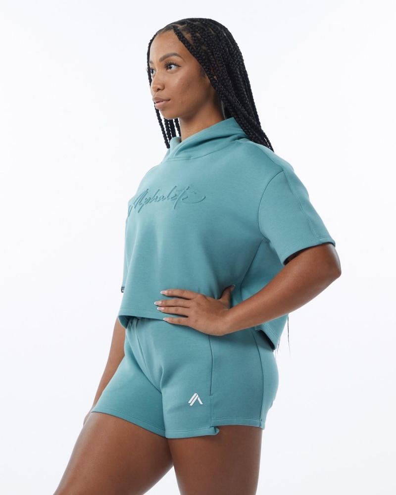 Sudadera con Capucha Alphalete ELMTS Half Sleeve Hoodie Mujer Teal | IHSQRG-089