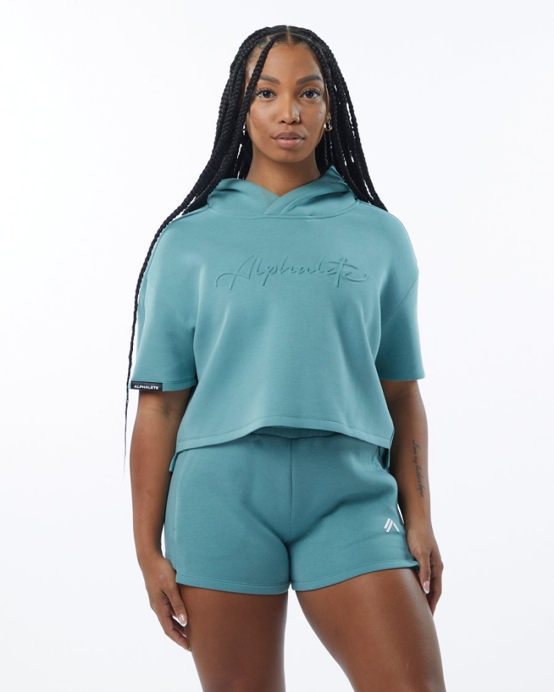 Sudadera con Capucha Alphalete ELMTS Half Sleeve Hoodie Mujer Teal | IHSQRG-089