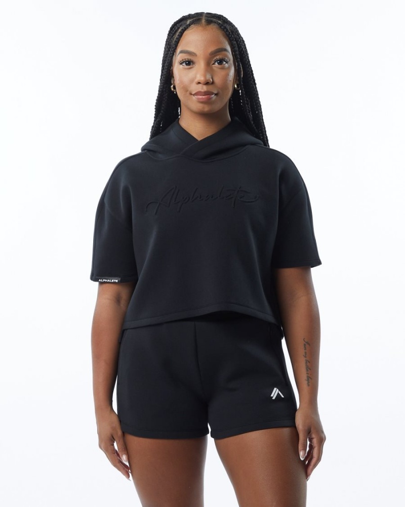 Sudadera con Capucha Alphalete ELMTS Half Sleeve Hoodie Mujer Negras | QJMPFA-092