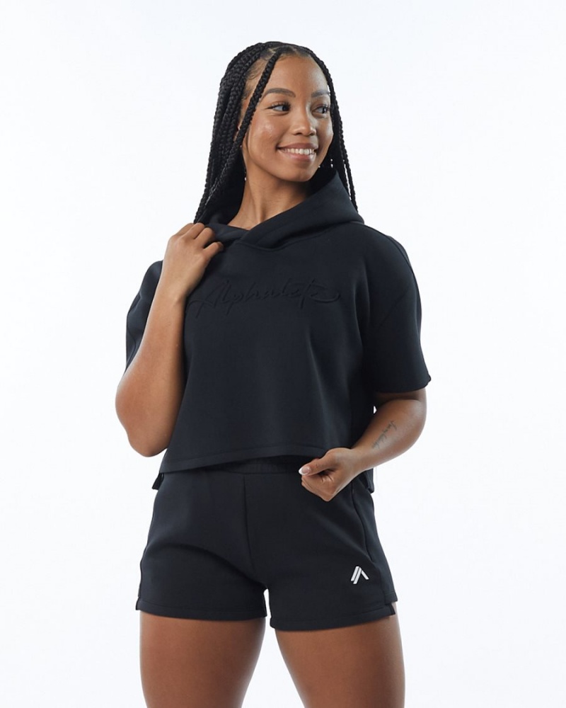 Sudadera con Capucha Alphalete ELMTS Half Sleeve Hoodie Mujer Negras | QJMPFA-092